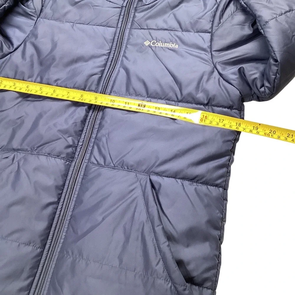 Columbia Reversible Puffer Jacket Girls L 14/16 Blue Pink Geometric Print Hooded